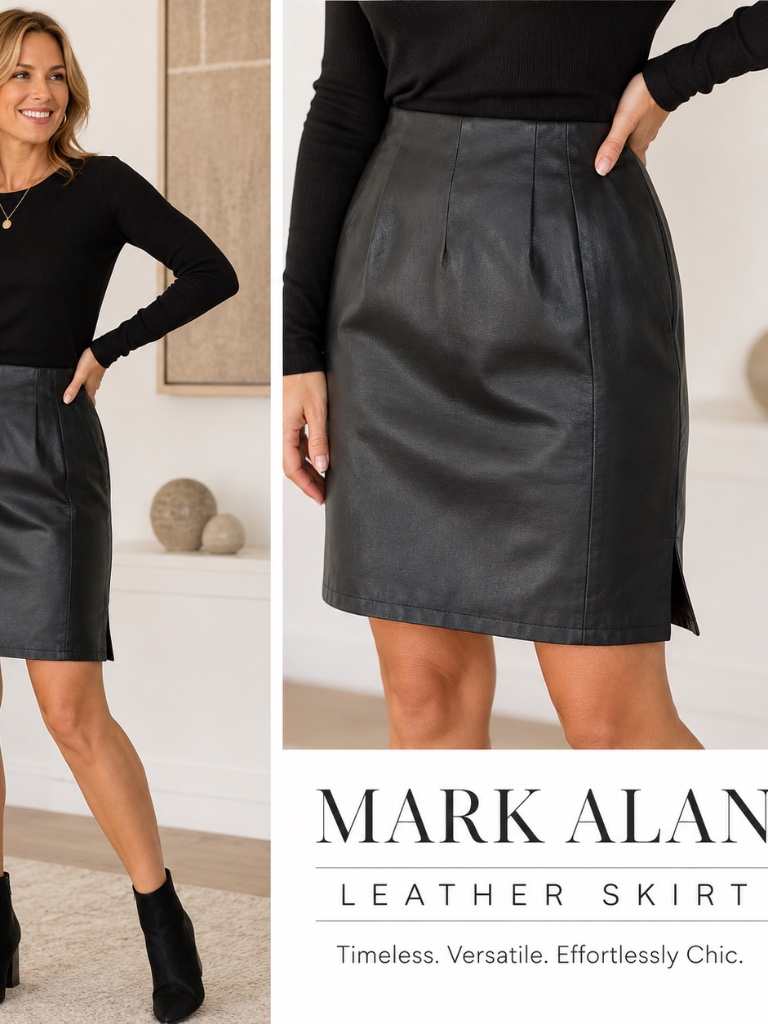 Mark Alan Genuine Leather Pencil Skirt | Black | Size 8 | Classic Side Slit